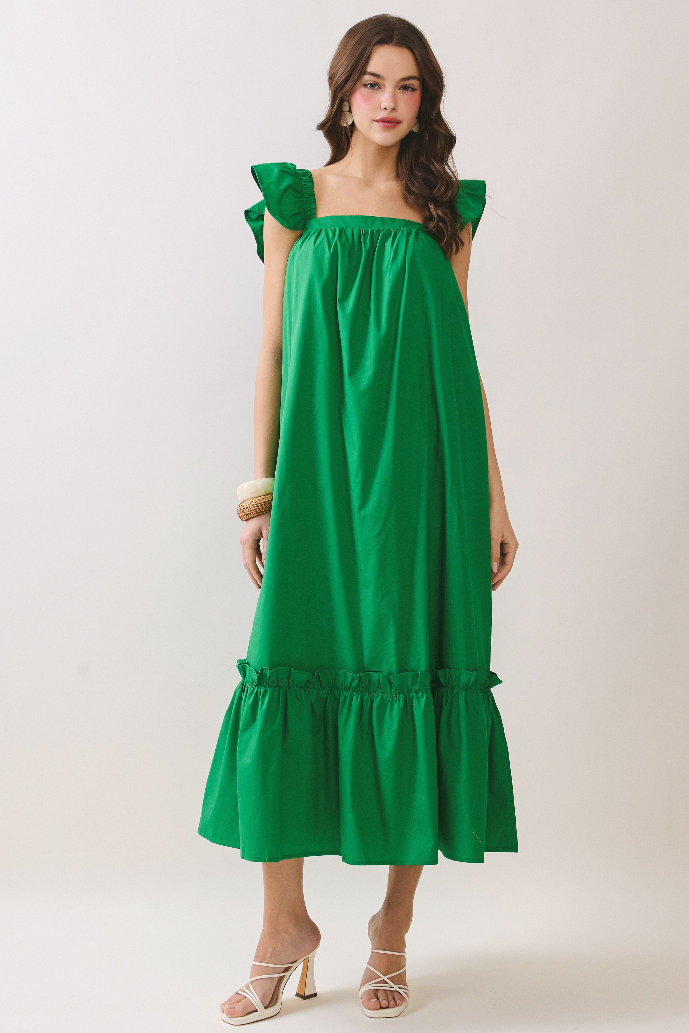 TCEC Folly Kelly Green Flutter Sleeve Midi Dress with a flowy silhouette and casual style, perfect for summer outings.