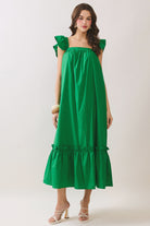 TCEC Folly Kelly Green Flutter Sleeve Midi Dress with a flowy silhouette and casual style, perfect for summer outings.
