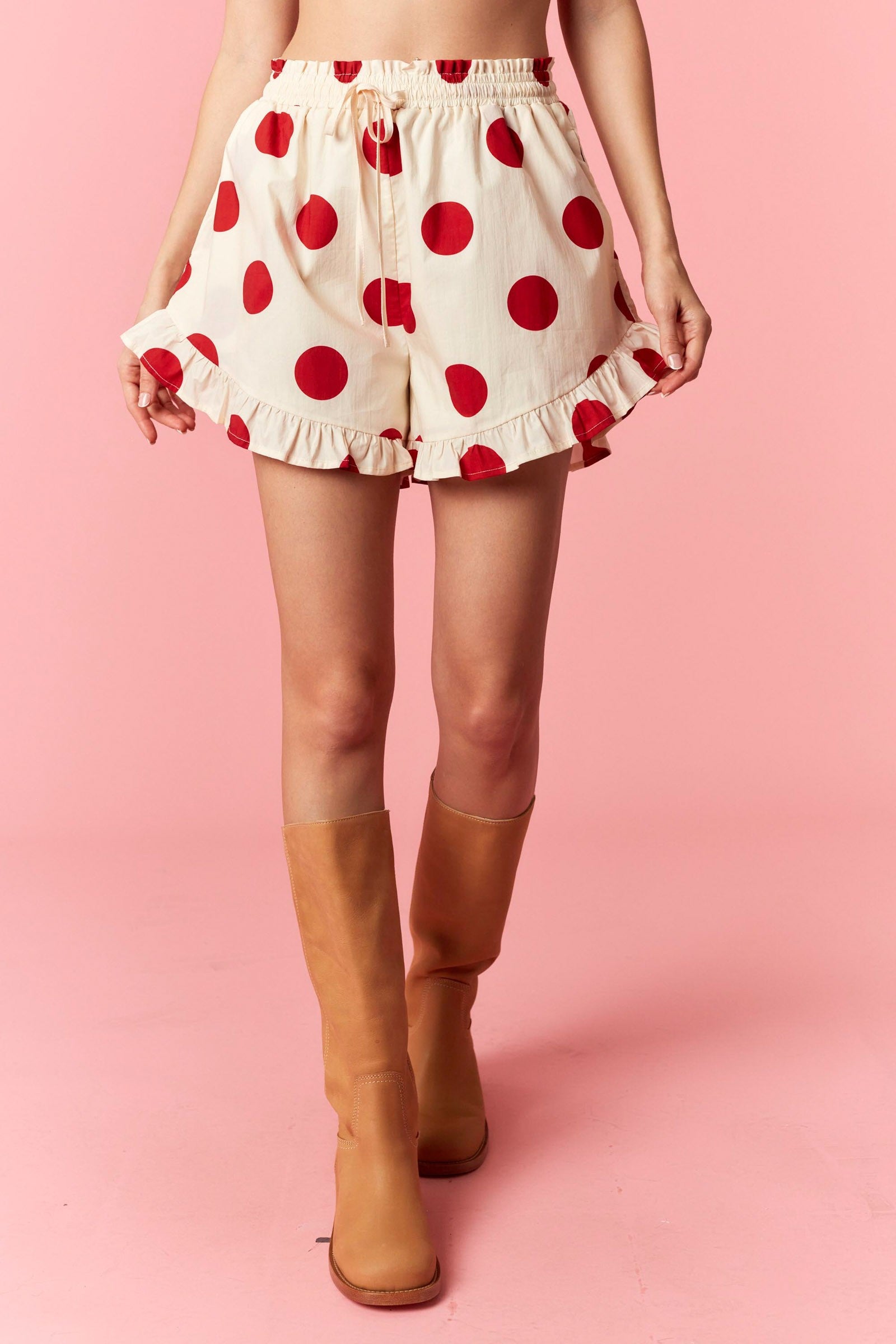 PEACH LOVE Lindsey Polka Dot Ruffle Trim Short, 152 Shorts with playful polka dot pattern and ruffle details, styled for casual wear.