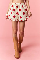 PEACH LOVE Lindsey Polka Dot Ruffle Trim Short, 152 Shorts with playful polka dot pattern and ruffle details, styled for casual wear.