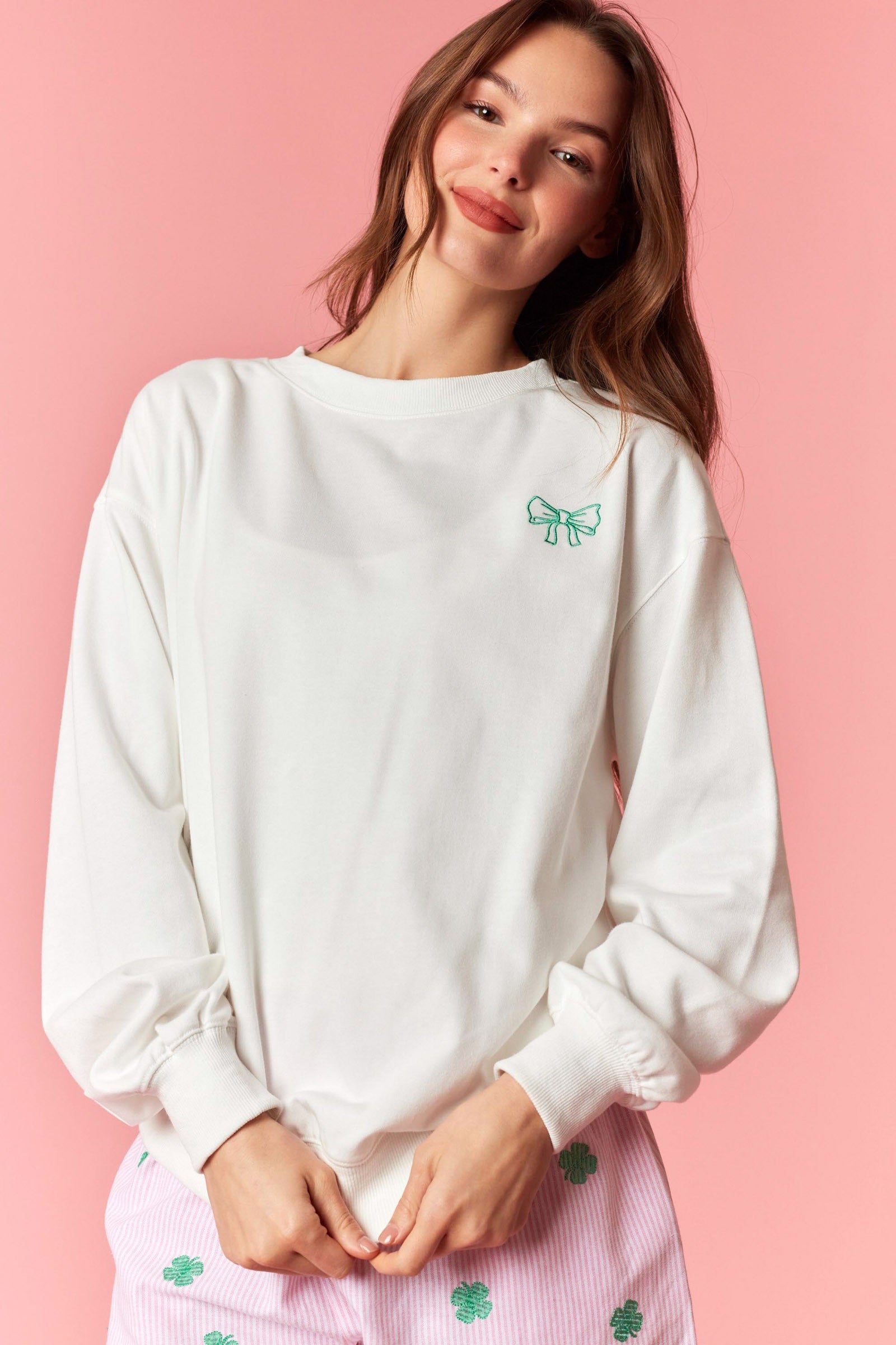 Lulu Front Bow Embroidered Lucky Clover Sweatshirt - Be You Boutique