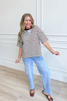 BLU PEPPER Ryan Brown color block casual top with long sleeves and relaxed fit, featuring bold color blocks and a round neckline.