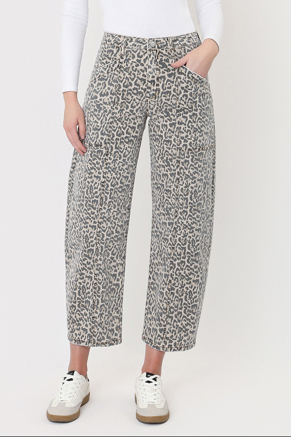 Vervet Courtney Leopard Utility Barrel Jean from 146 Core Jeans collection, featuring leopard print and utility style.
