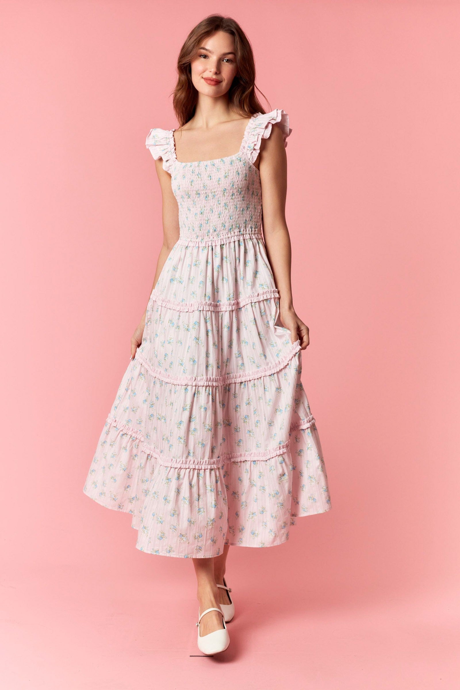 PEACH LOVE Mia Ditsy Floral Smocked Midi Dress, 125 Dressy Dresses, featuring a flowy midi length, floral print, and smocked bodice.