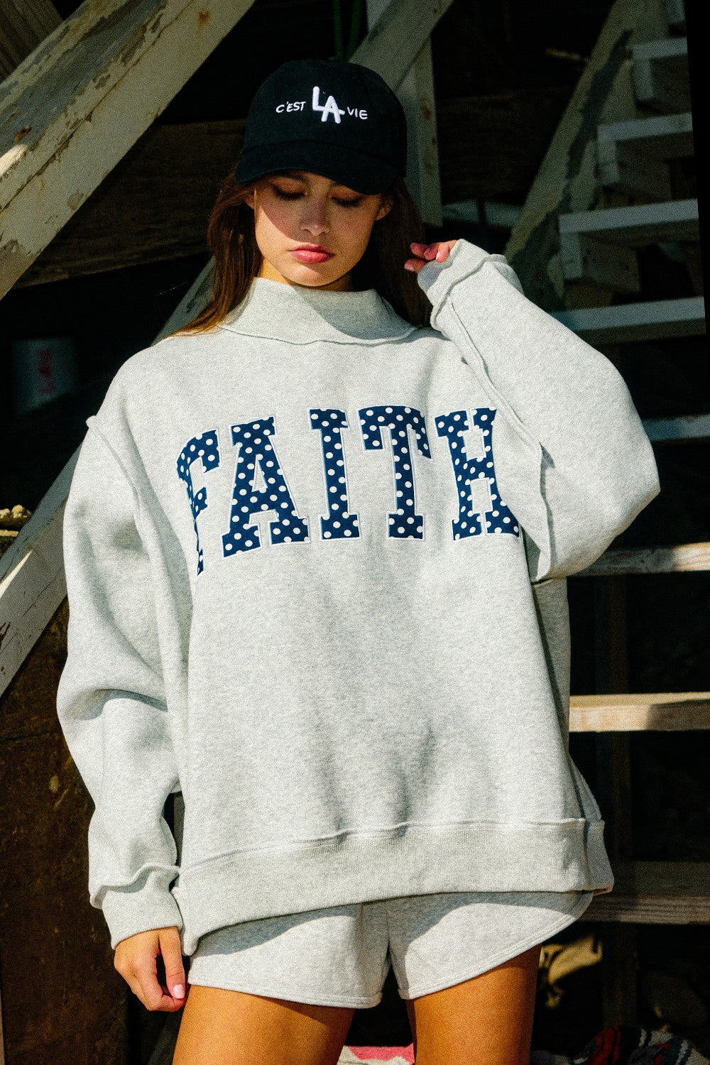 Faith Polka Dot Mock Embroidered Sweatshirt - Be You Boutique