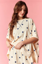 PEACH LOVE Renee Polka Dot Dolman Sleeve Top, casual 105 top with black and white polka dots, relaxed fit, stylish and comfortable.