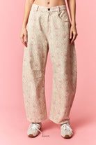 PEACH LOVE Ruth Baroque Floral Twill Barrel Pant from 147 Novelty Jeans collection, featuring floral print and relaxed fit.