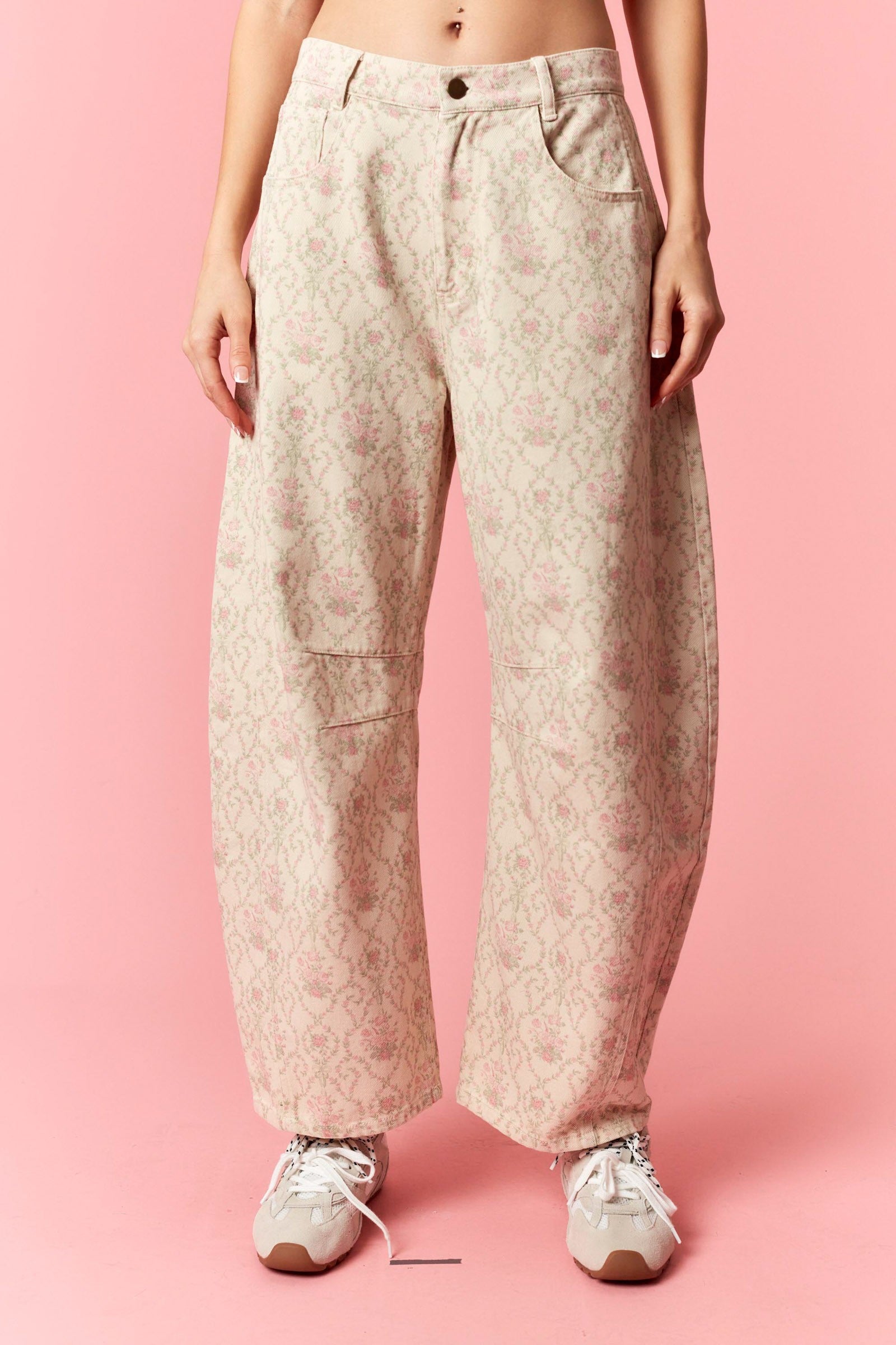PEACH LOVE Ruth Baroque Floral Twill Barrel Pant from 147 Novelty Jeans collection, featuring floral print and relaxed fit.