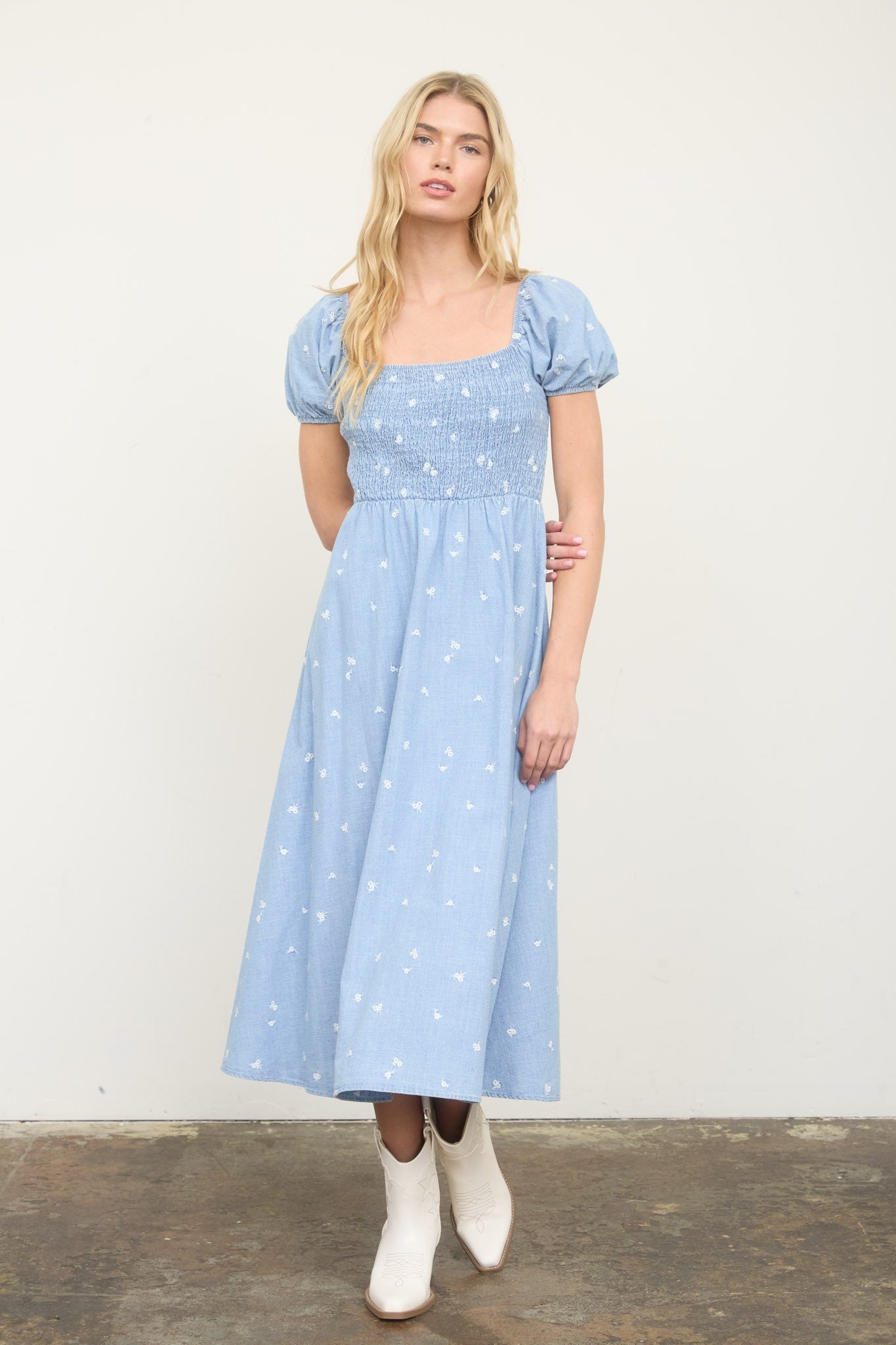 Kendra Chambray Embroidered Smocked Midi Dress - Be You Boutique