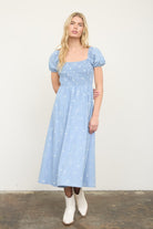 Kendra Chambray Embroidered Smocked Midi Dress - Be You Boutique