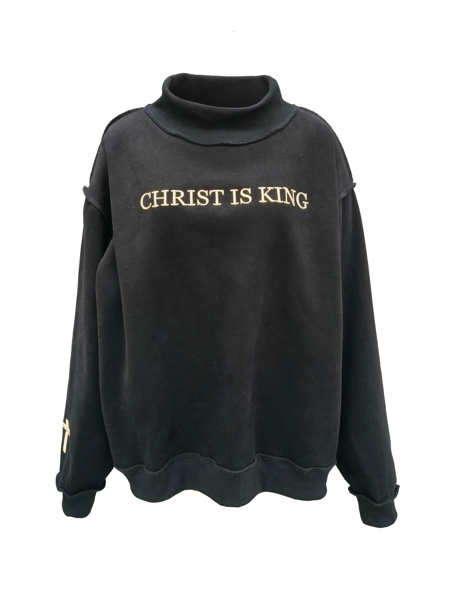 Bucket List Christ is King mock neck embroidered sweatshirt with graphic design and detailed embroidery on soft fabric.