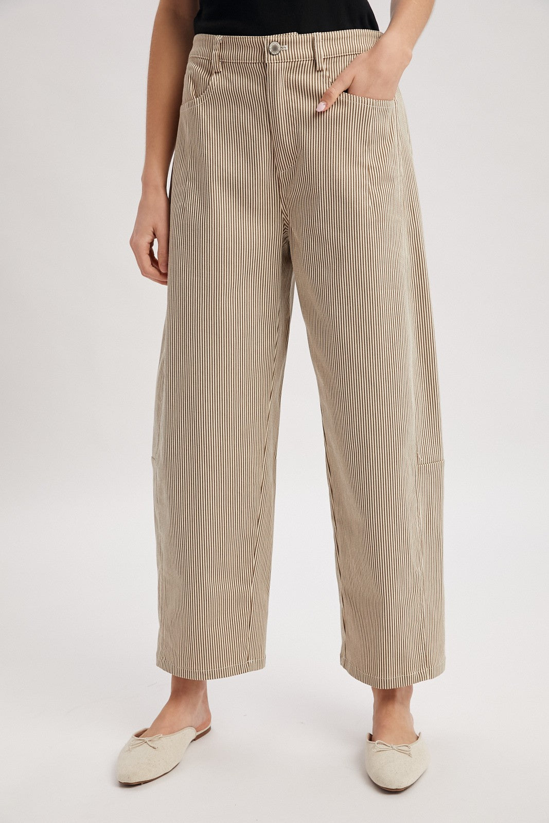 WISHLIST Margaret pinstriped cotton pant from 147 Novelty Jeans collection, featuring a tailored fit and classic pinstripe pattern.