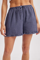 Timmy navy plaid drawstring waist shorts from WISHLIST, 152 shorts style, featuring a comfortable fit and stylish plaid pattern.
