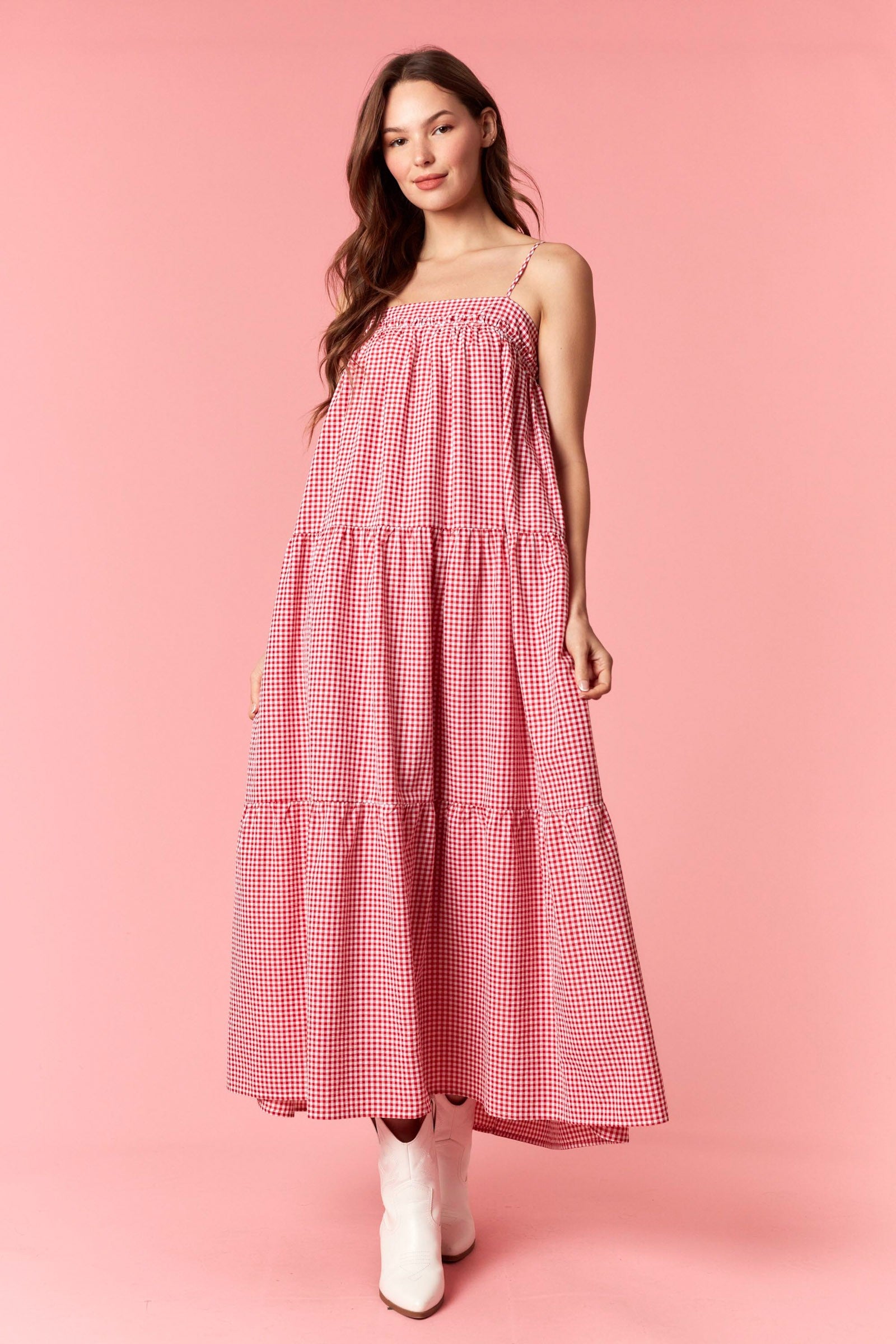 Red gingham printed maxi dress by PEACH LOVE, featuring a flowing silhouette and stylish dressy design.