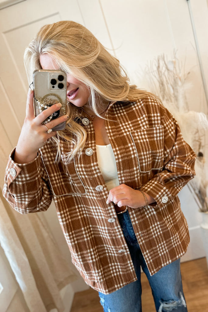 Braydon Flannel Shirt Shacket Jacket Top with Pockets and Rhinestones - Be You Boutique