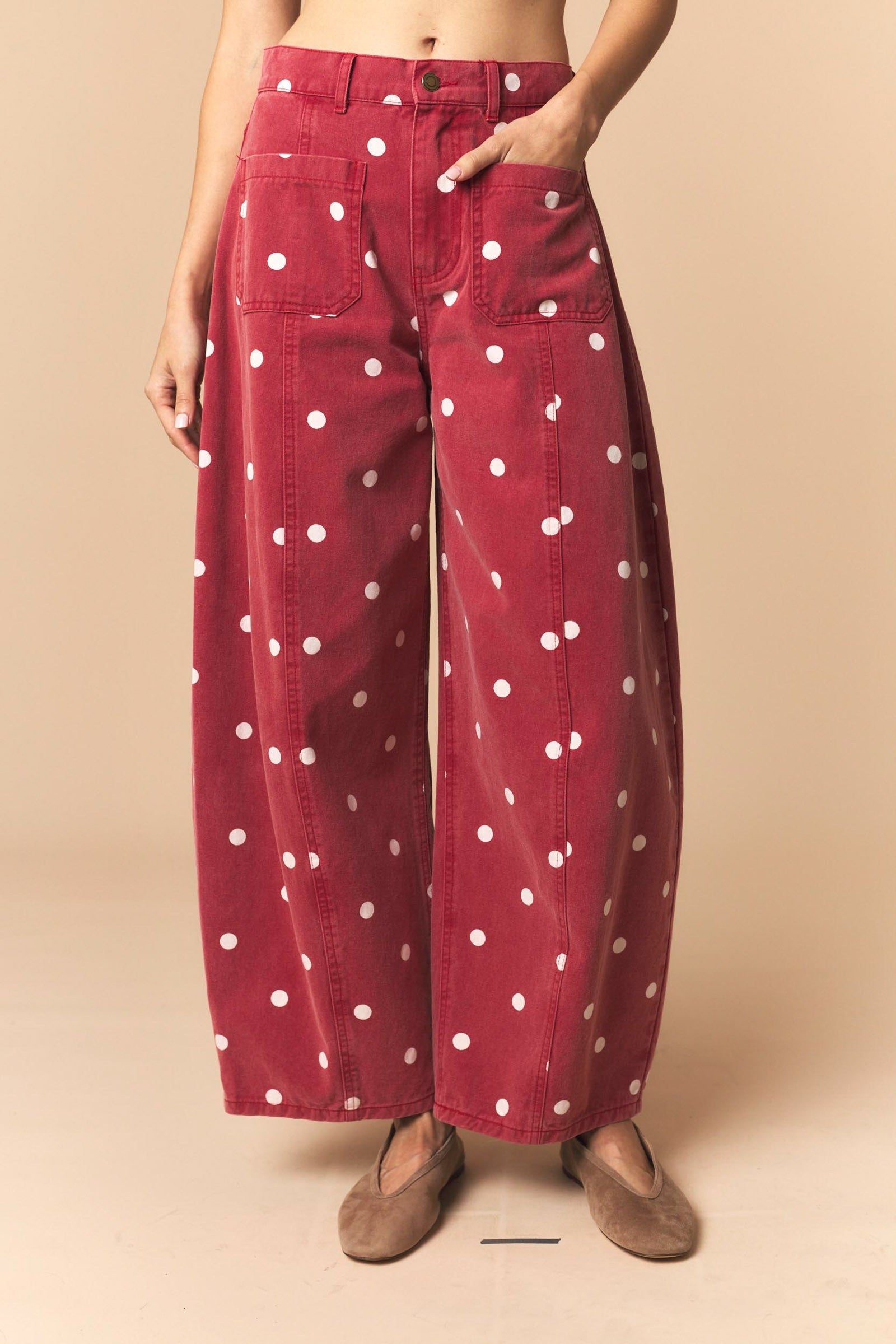 Peach Love Whitney Polka Dot Twill Barrel Pants in 147 Novelty Jeans, featuring a stylish polka dot pattern and relaxed fit.