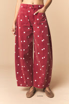 Peach Love Whitney Polka Dot Twill Barrel Pants in 147 Novelty Jeans, featuring a stylish polka dot pattern and relaxed fit.