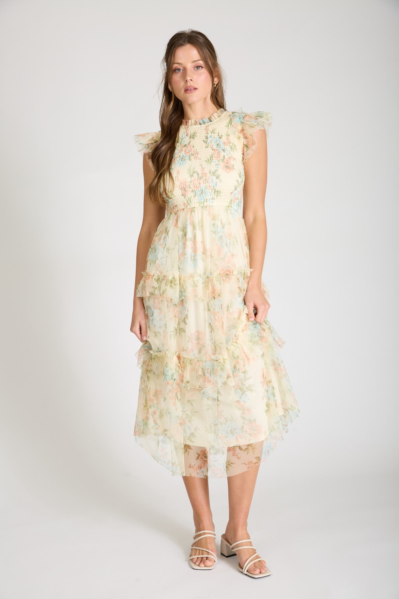 BLU PEPPER Serena Butter Floral Tulle Smocked Dress, a stylish 125 dressy dress with floral and tulle details, shown on a model.