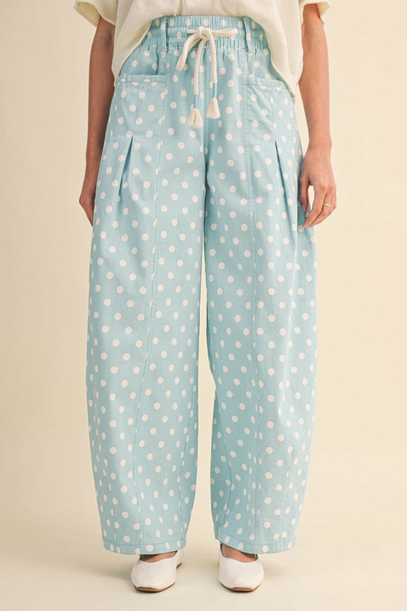 Mary Polka Dot Barrel Pant from 147 Novelty Jeans by &MERCI, featuring a stylish polka dot pattern and relaxed barrel fit.