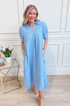 Umgée USA Tonya plaid printed midi dress with a stylish design, perfect for dressy occasions, shown on a model.