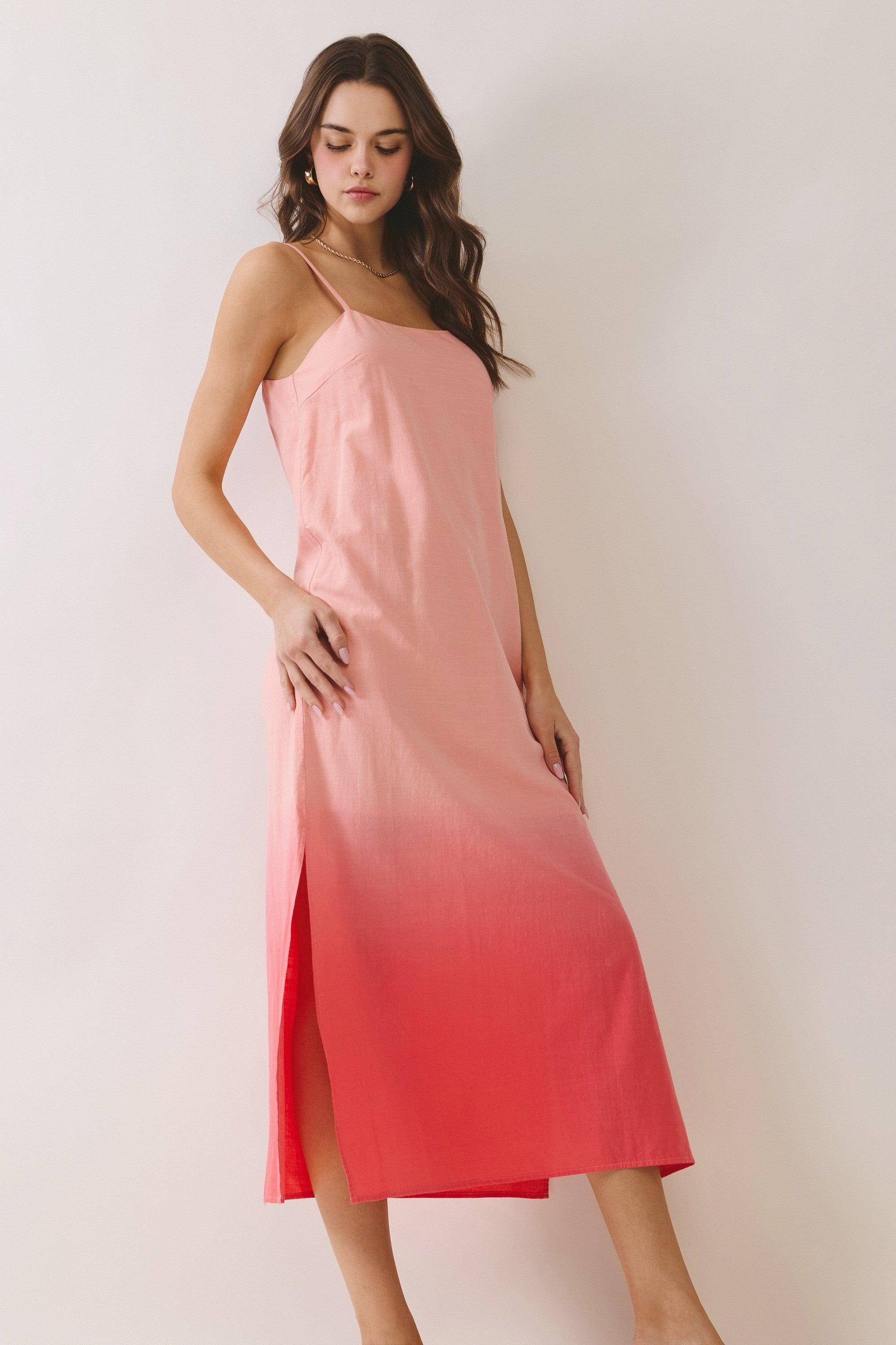 Corina sleeveless ombre midi dress by TCEC, featuring a flowing silhouette and gradient color design, perfect for casual wear.