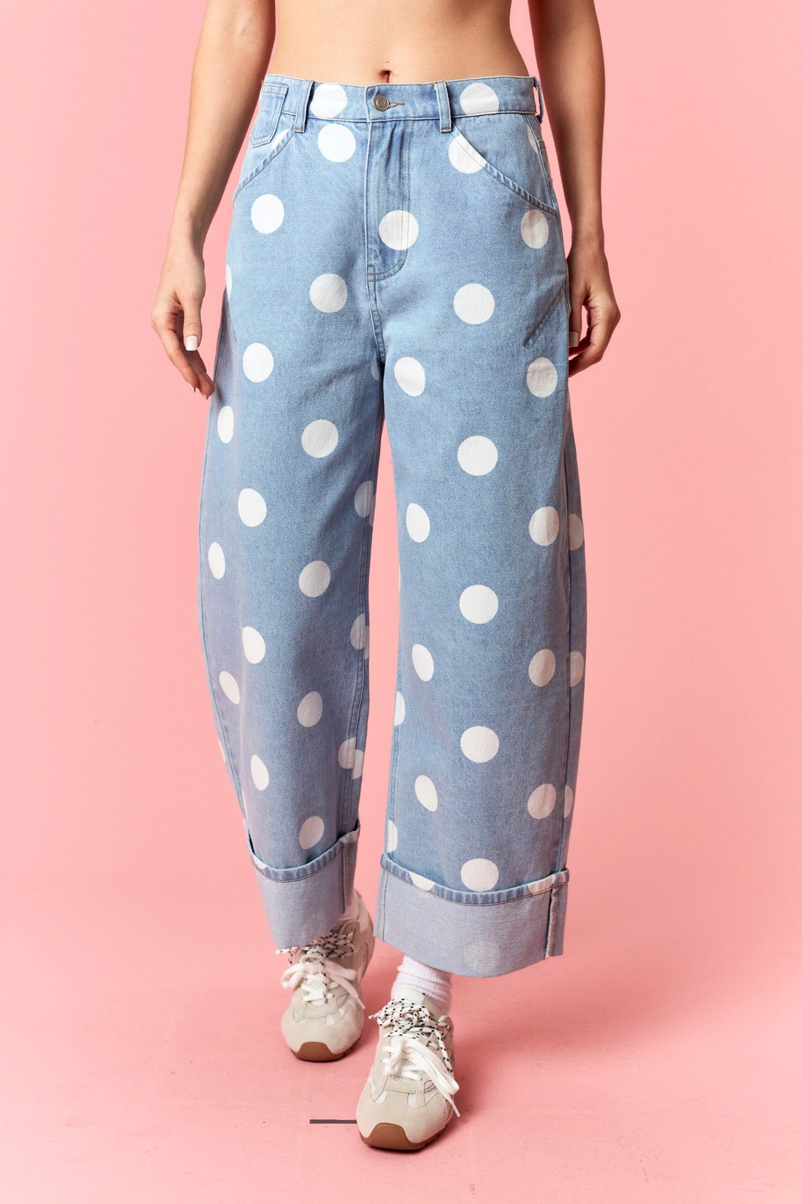 Luis Polka Dot Rolled Hem Barrel Pant from PEACH LOVE, novelty jeans with polka dot pattern and rolled hem detail.