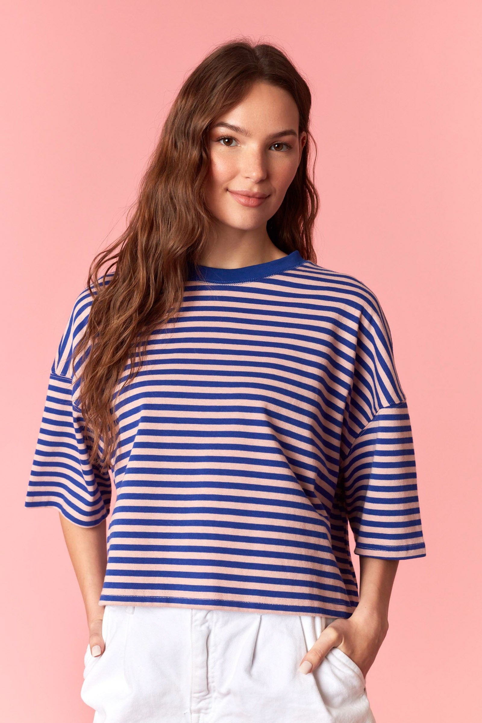Blue striped Kinlee cropped round neck top from PEACH LOVE, casual style, lightweight fabric, fits relaxed and stylish.