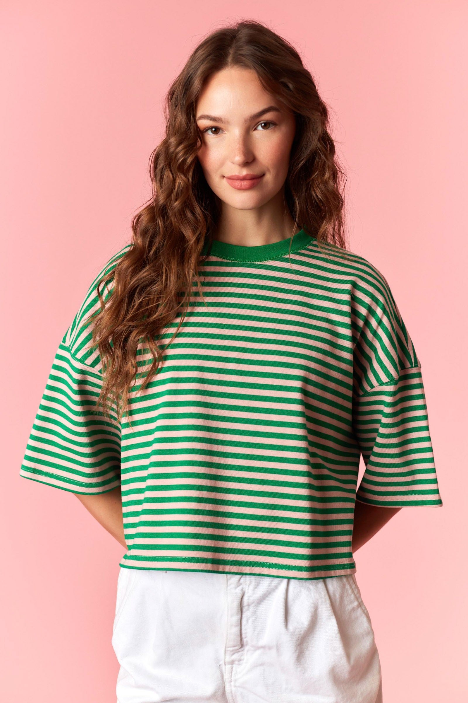 Kinlee green striped cropped round neck top from PEACH LOVE, casual style with short sleeves and a relaxed fit.