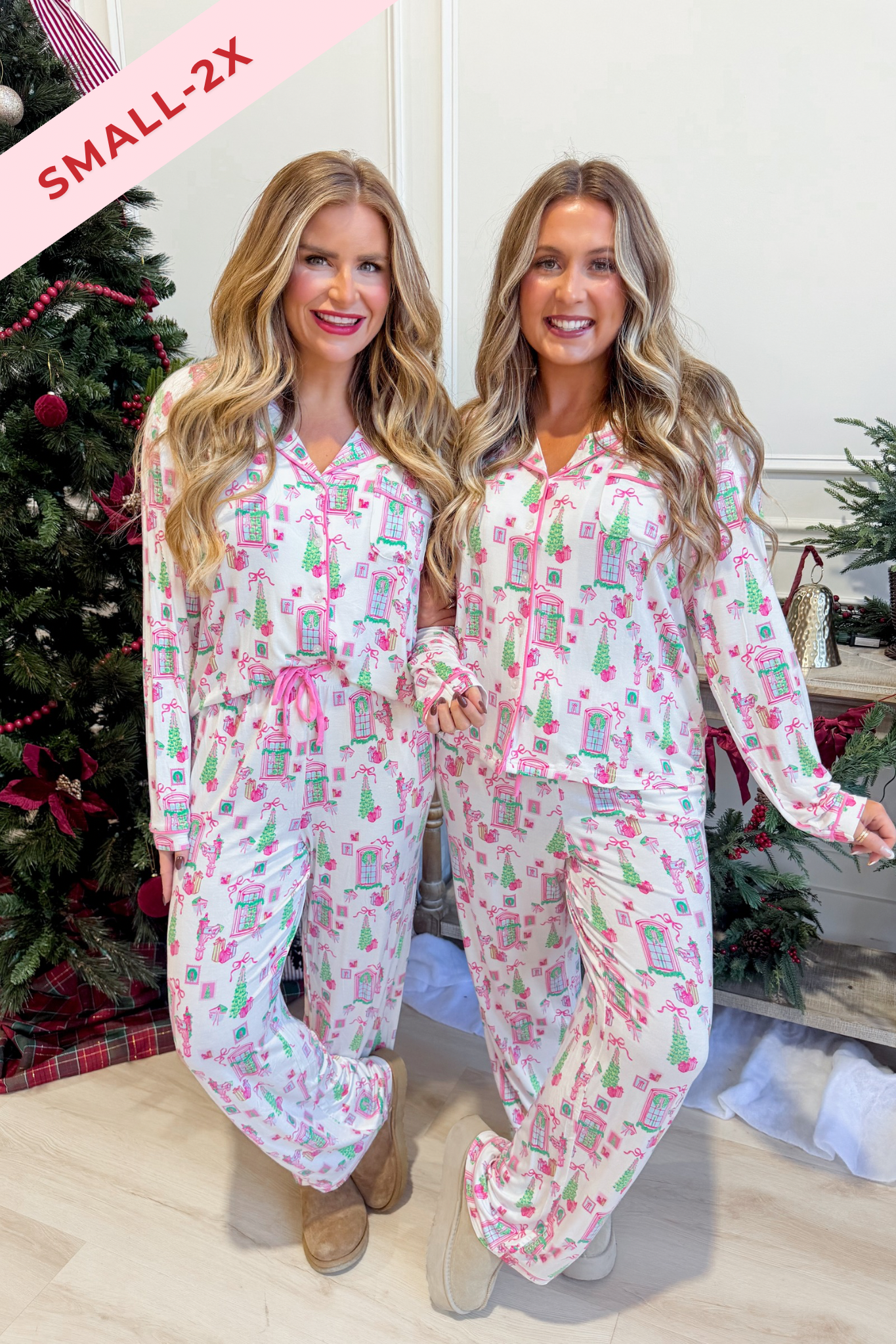Mary Square Charlotte Home For Christmas cottage pajama set with festive top and matching pants