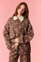 PEACH LOVE Noelle Polka Dot Barrel Jean Jacket, 140 Outerwear, featuring classic denim with white polka dots and a relaxed fit.