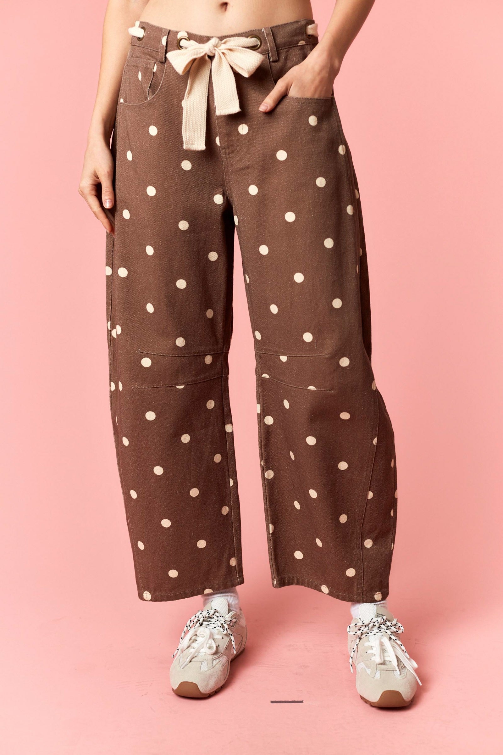 PEACH LOVE Logan Brown Polka Dot Barrel Jean from 147 Novelty Jeans collection, featuring polka dot pattern and barrel leg design.