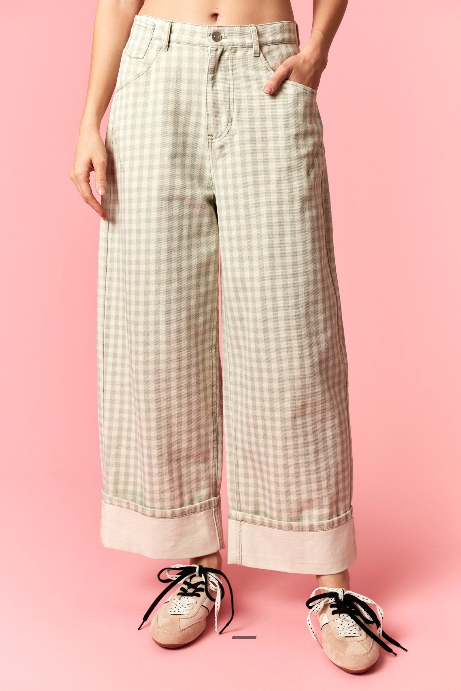 Luis Sage Gingham Rolled Hem Barrel Pant from PEACH LOVE, 147 Novelty Jeans, featuring plaid fabric and rolled cuffs.