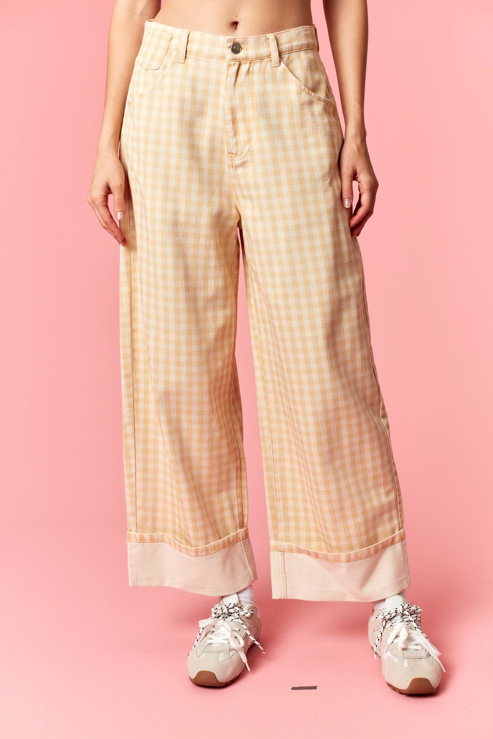 Luis Lt Yellow Gingham Rolled Hem Barrel Pant by PEACH LOVE, 147 Novelty Jeans, featuring yellow gingham pattern and rolled hem detail.