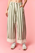 Peach Love Luis Sage striped rolled hem barrel jeans with 147 novelty design, featuring a relaxed fit and distinctive pattern.