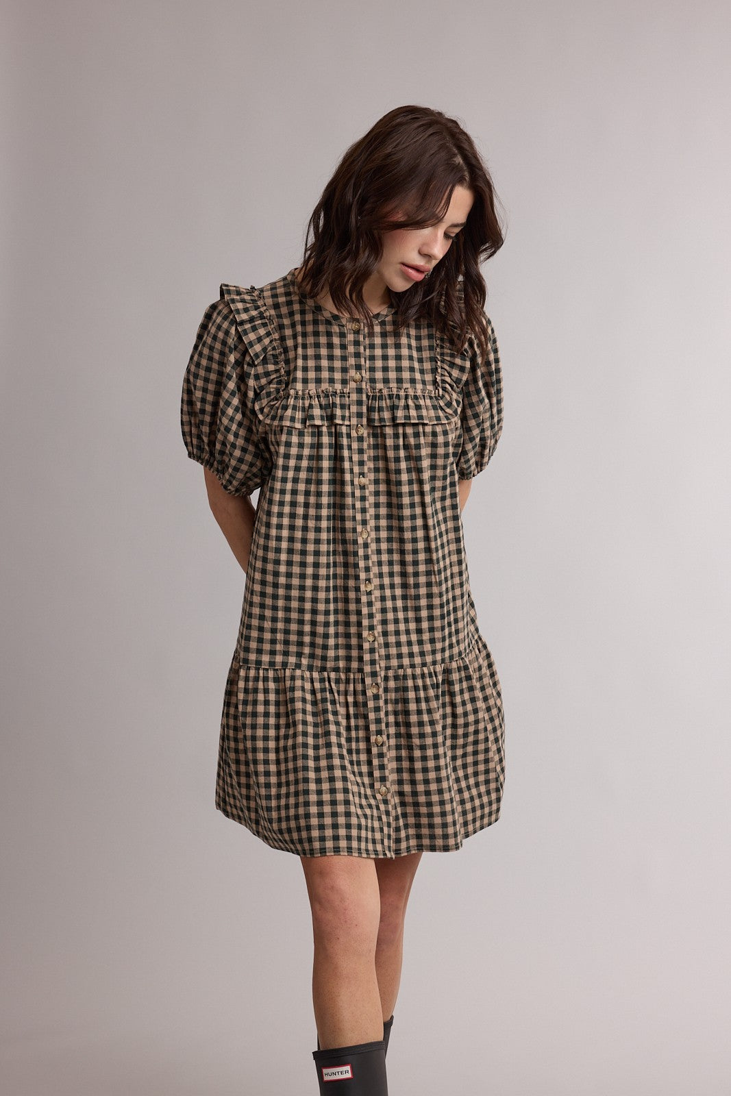 WISHLIST Connie ruffled detail gingham dress in pink and white, featuring a classic sleeveless design and ruffled accents.