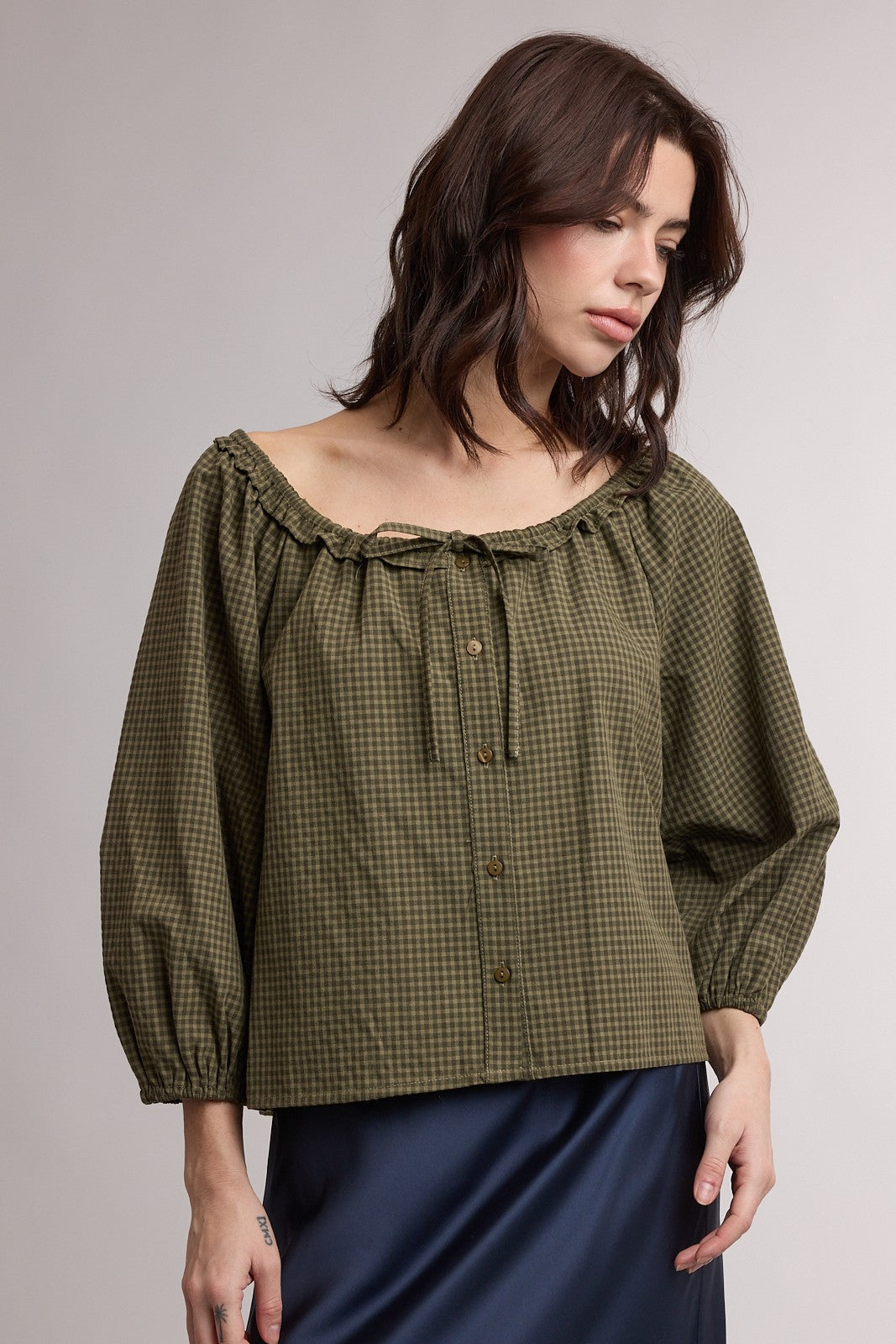 Wishlist Taylor Olive Gingham Peasant Blouse, 110 dressy top with long sleeves and a relaxed fit, featuring classic gingham pattern.