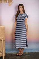 Bailey Navy Striped Henley Dress by BLU PEPPER, casual dress with navy and white stripes, short sleeves, and henley neckline.