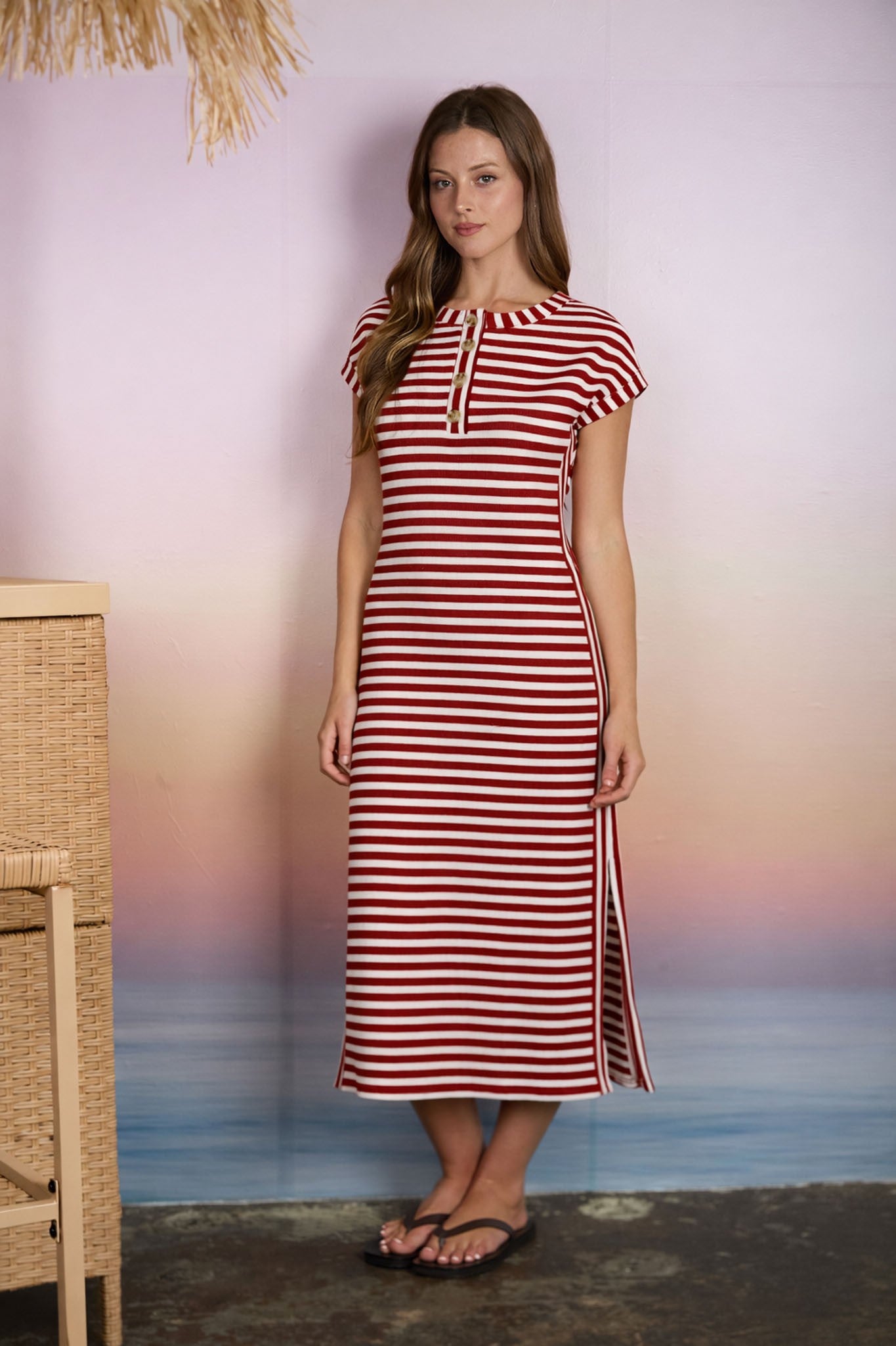 Red striped Bailey Henley dress by BLU PEPPER, casual style with long sleeves and a relaxed fit, perfect for everyday wear.