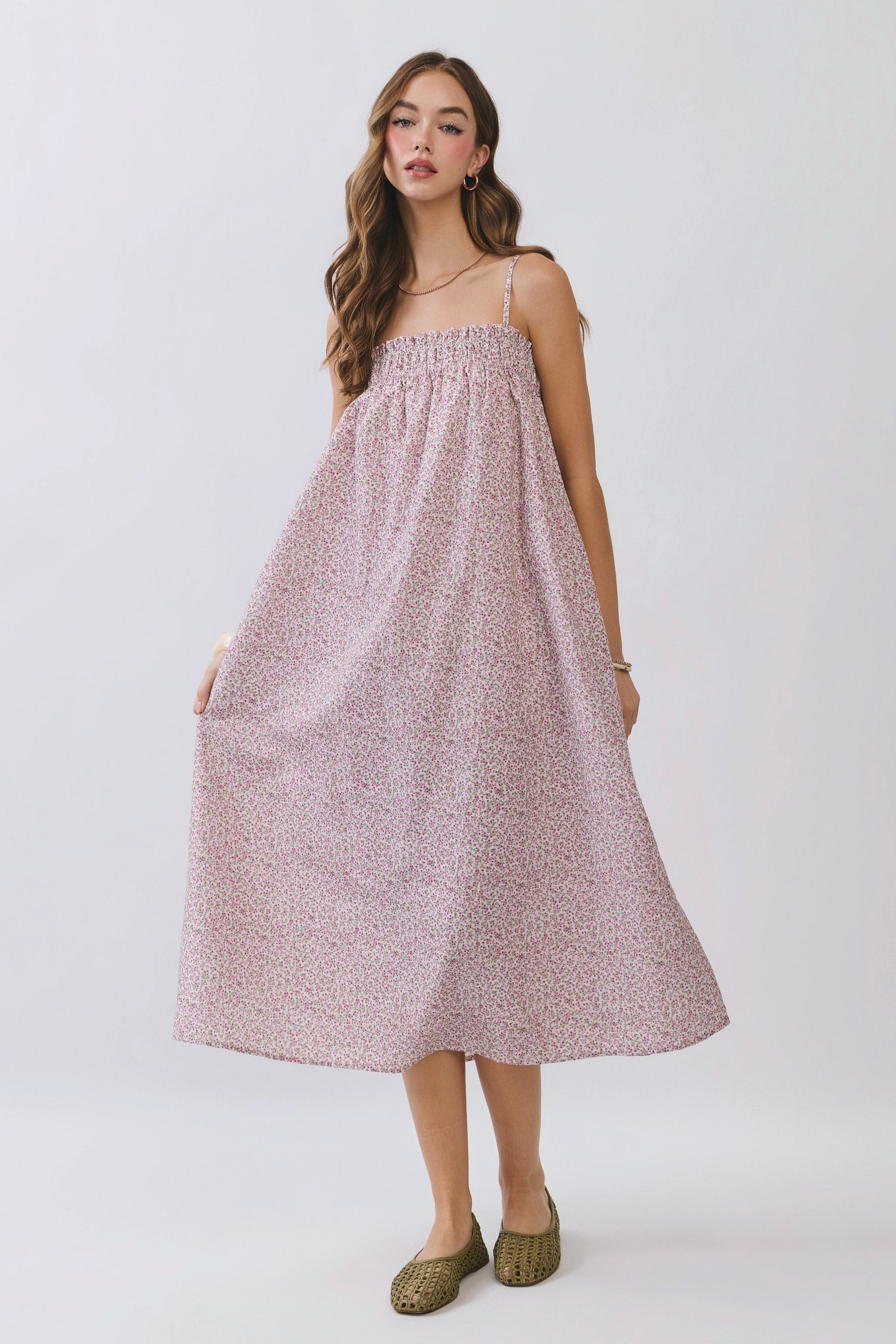 TCEC Rick Ditsy Floral Midi Dress showing a flowy floral pattern on a casual dress with a fitted waist and ruffled hem.
