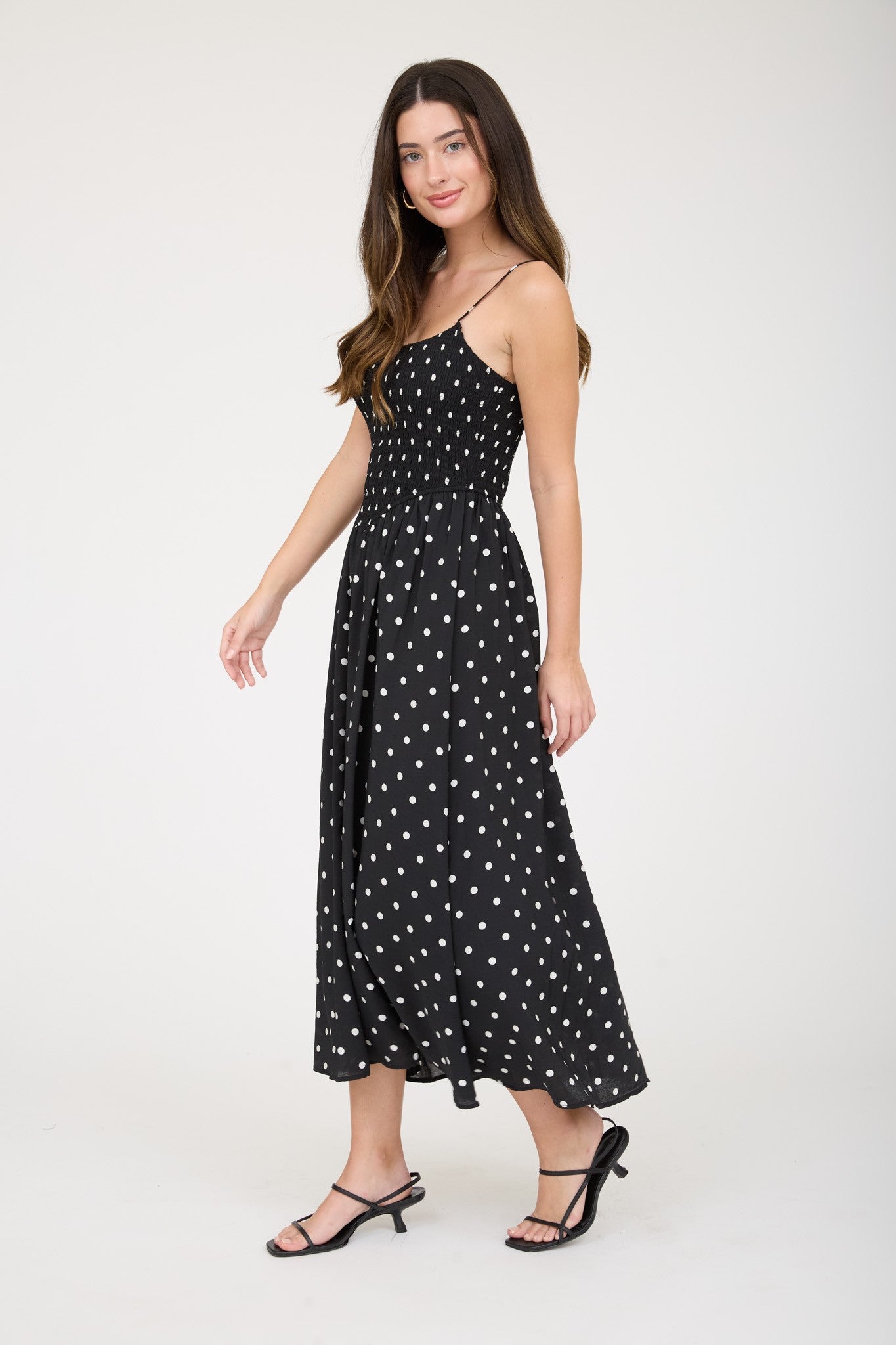 BLU PEPPER Cole Polka Dot Smocked Midi Dress, casual style with smocked bodice and flowy skirt, featuring polka dot pattern.