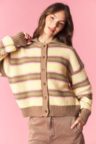 PEACH LOVE Cheyenne striped button-up cardigan from the 132 Fall Sweaters collection, featuring a cozy knit with horizontal stripes.