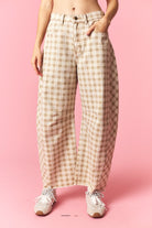 PEACH LOVE Millie Plaid Printed Twill Barrel Pant from 147 Novelty Jeans, featuring a stylish plaid pattern and relaxed fit.