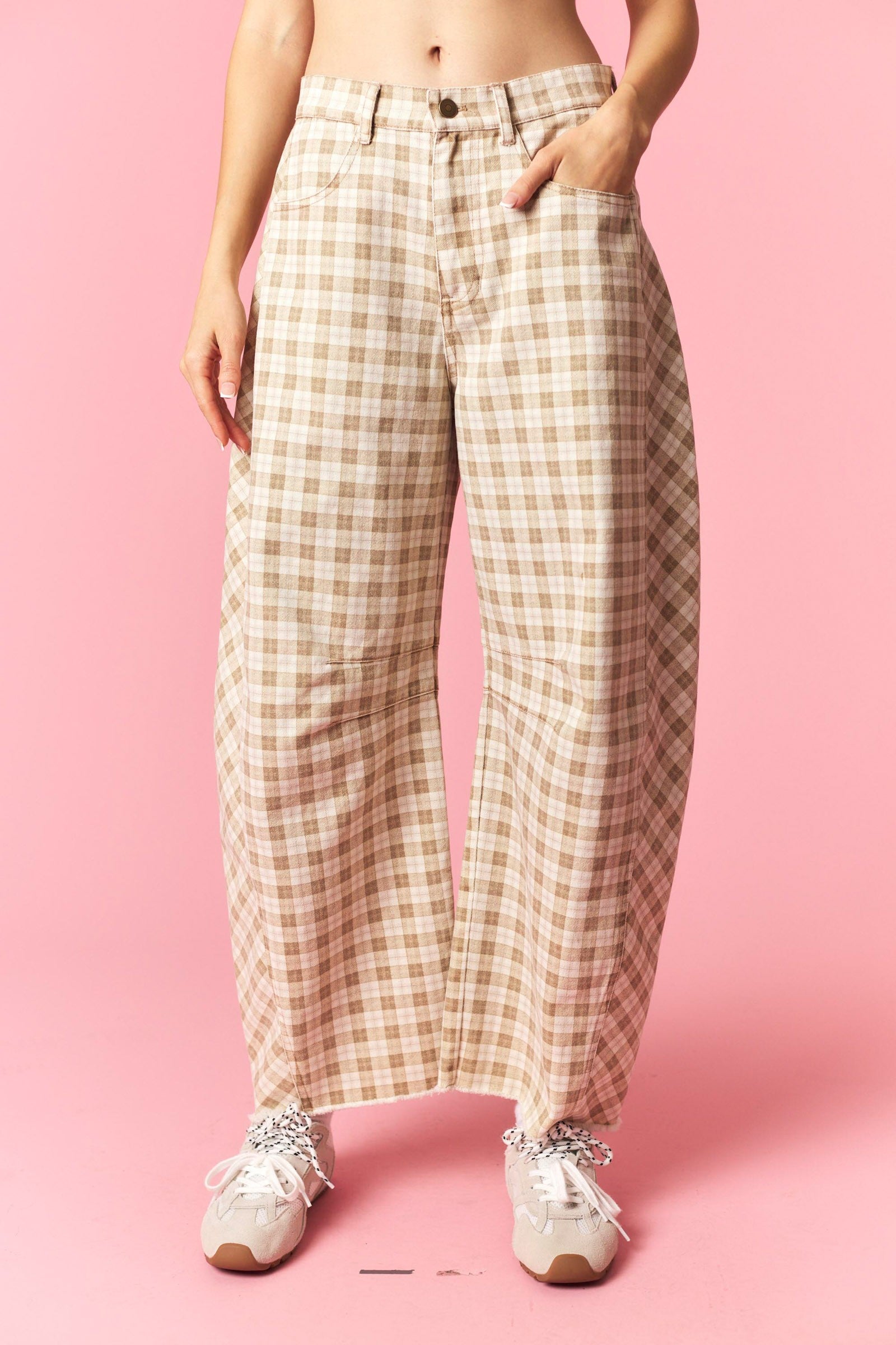 PEACH LOVE Millie Plaid Printed Twill Barrel Pant from 147 Novelty Jeans, featuring a stylish plaid pattern and relaxed fit.