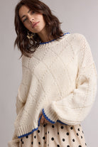 Wishlist Aly Cream Contrast Trim Pointelle Sweater, 132 Fall Sweater with cream color and contrast trim, featuring a cozy knit design.