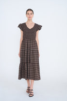 BLU PEPPER Colleen plaid V-neck smocked dress with long sleeves and a flowy skirt, perfect for dressy occasions.