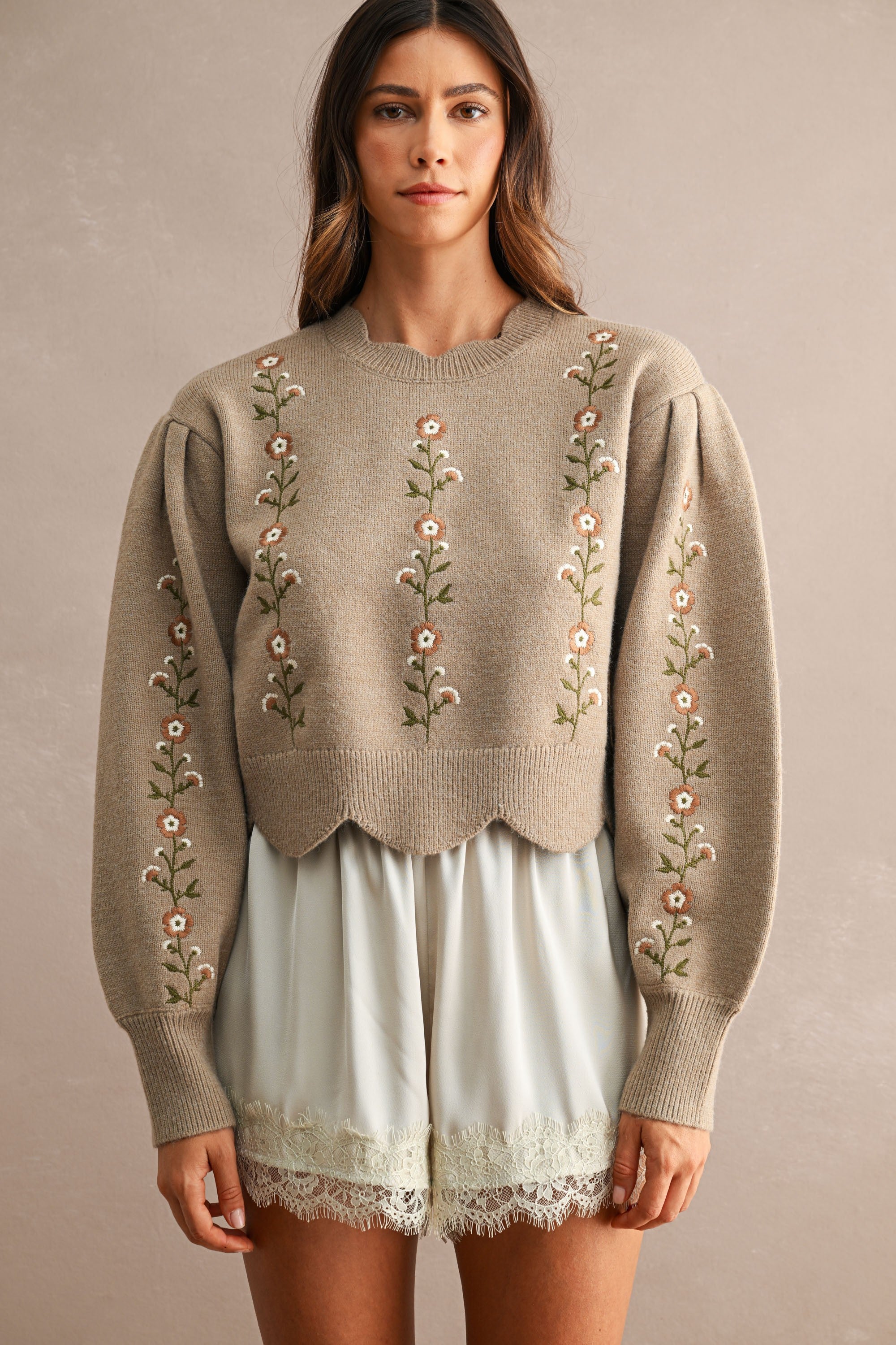 MABLE Rick Mocha scalloped floral embroidered sweater from the 132 Fall Sweaters collection, featuring floral embroidery and scalloped edges.