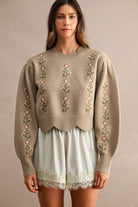 MABLE Rick Mocha scalloped floral embroidered sweater from the 132 Fall Sweaters collection, featuring floral embroidery and scalloped edges.