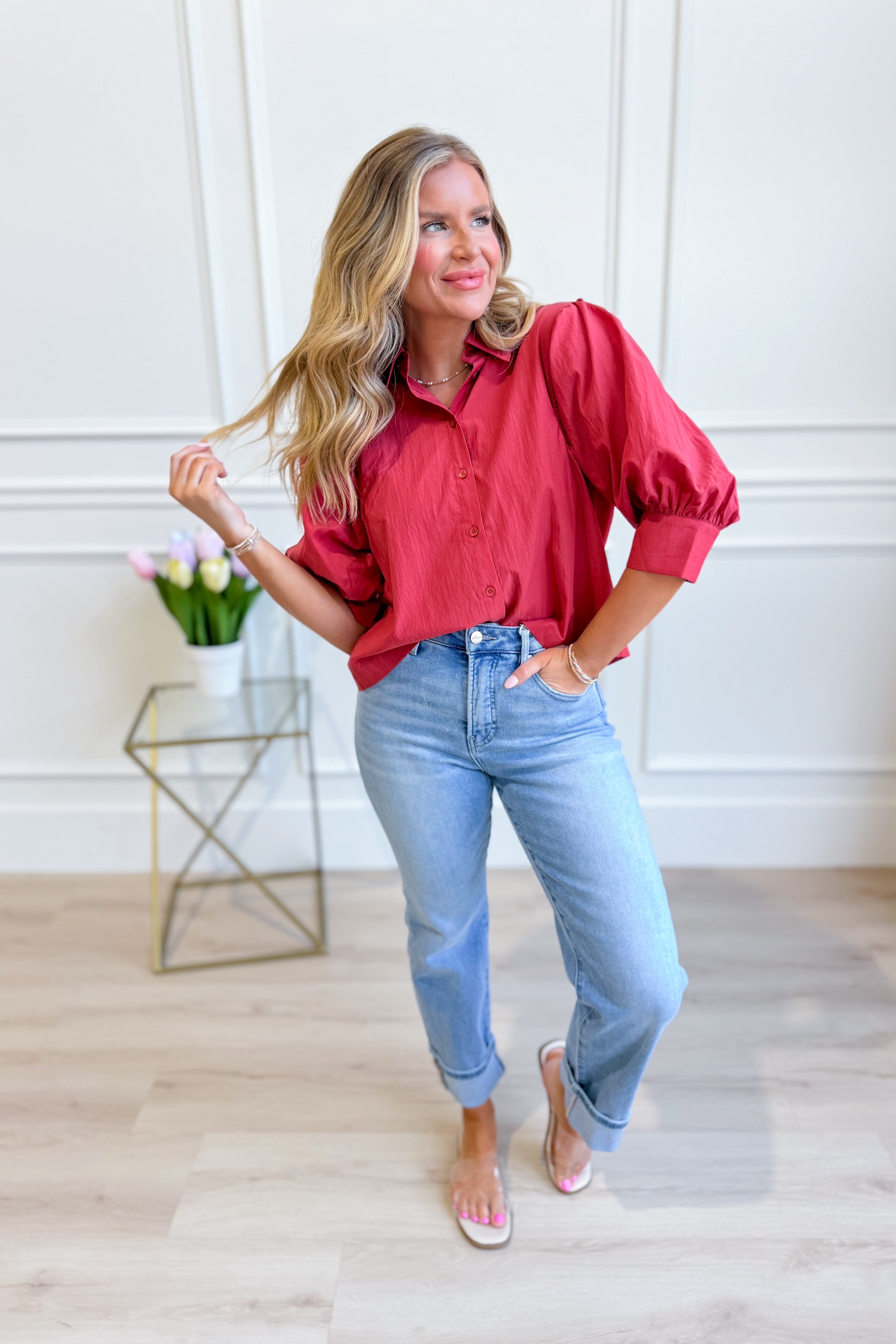 EE:SOME Tonya solid puff sleeve button-down top in a dressy style, featuring puff sleeves and a classic collar.