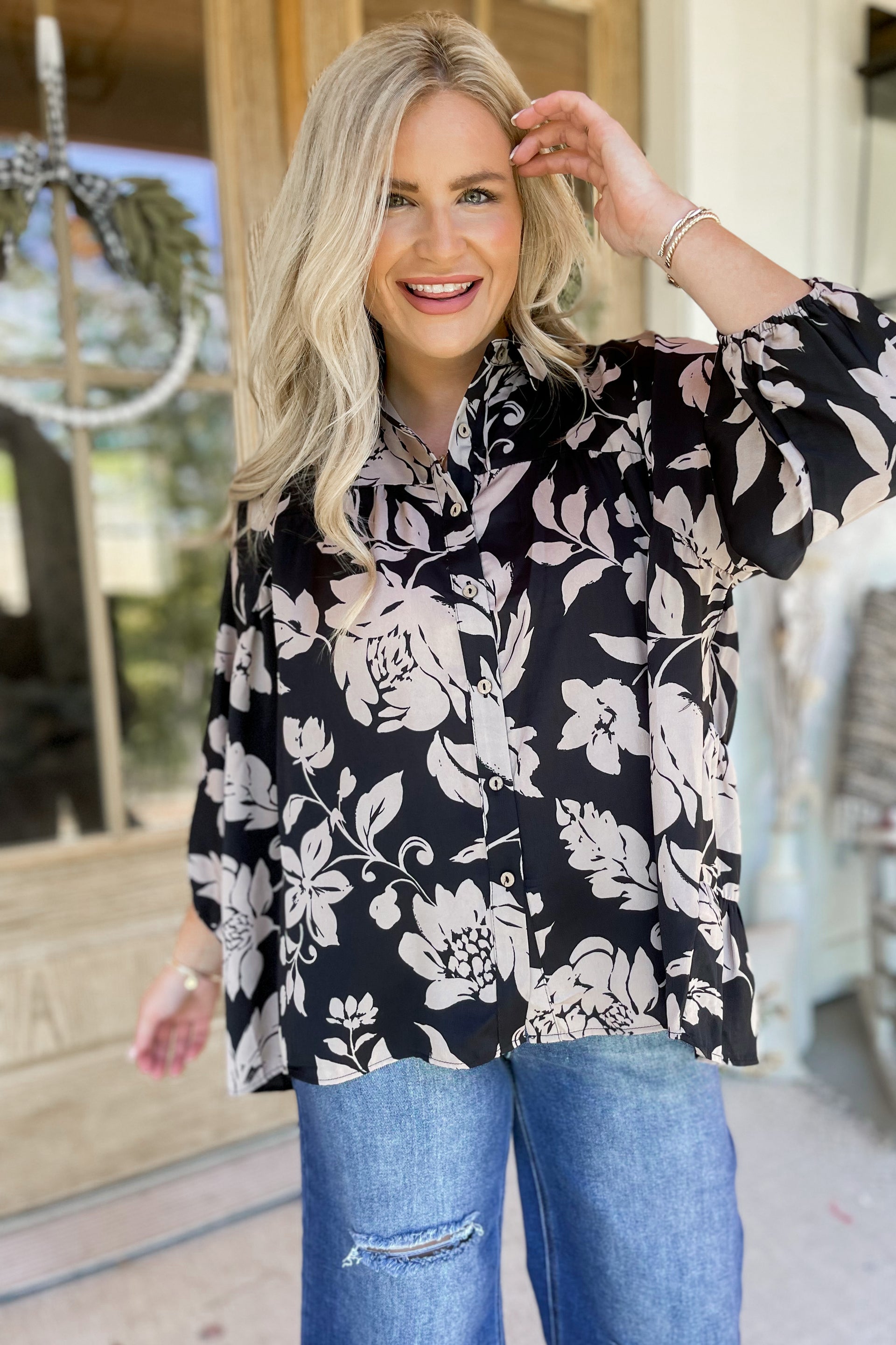 Gentry Printed Mirabelle Satin Long Sleeve Blouse *FINAL SALE* S Black