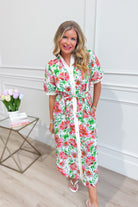 ENTRO Kristy floral printed short sleeve dress, elegant 125 dressy dress with vibrant floral pattern, perfect for warm weather.